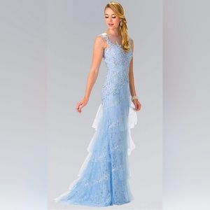 Elizabeth K GL2258 Mesh Tiered Lace Long Dress with Open Back in Blue